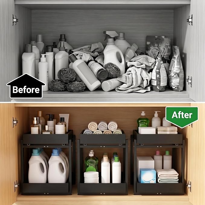 MHXW SXPN Bamboo Under Sink Organizer, 2 Pack Pull Out Cabinet Organizer | 2 Tier Vertical Smooth Slide Out Undersink Storage Shelf | Multi-Purpose Organizer Shelves for Kitchen Bathroom Medicine - Image 8