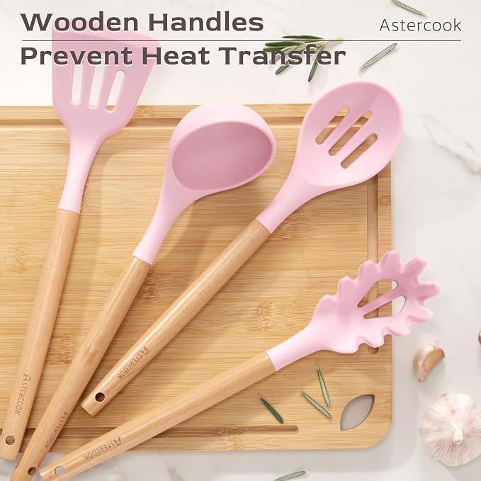 Astercook Kitchen Utensils set, 39 PCS Silicone Cooking Utensils Set with Wooden Handle, 446°F Heat Resistant Food Grade Utensil Sets, BPA Free Kitchen Gadgets Tools Set for Nonstick Cookware (Pink) - Image 4