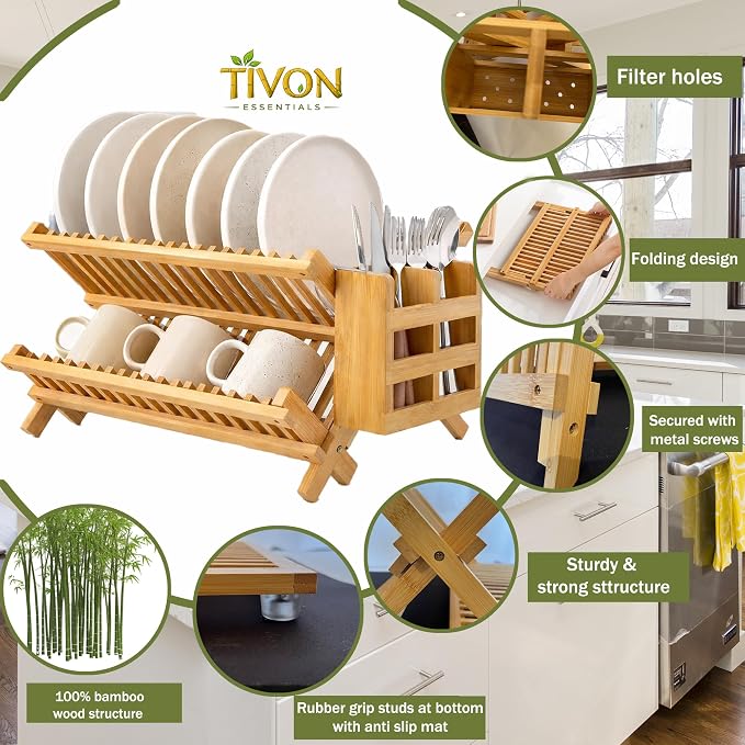 Bamboo Dish Drying Rack with Utensil Holder & Absorbent Dish Drying Mat|3Tier Collapsible Wooden Dish Rack for Kitchen Countertop|Large Foldable Dish Drainer|Kitchen Organizer for Plates Cups utensils - Image 4