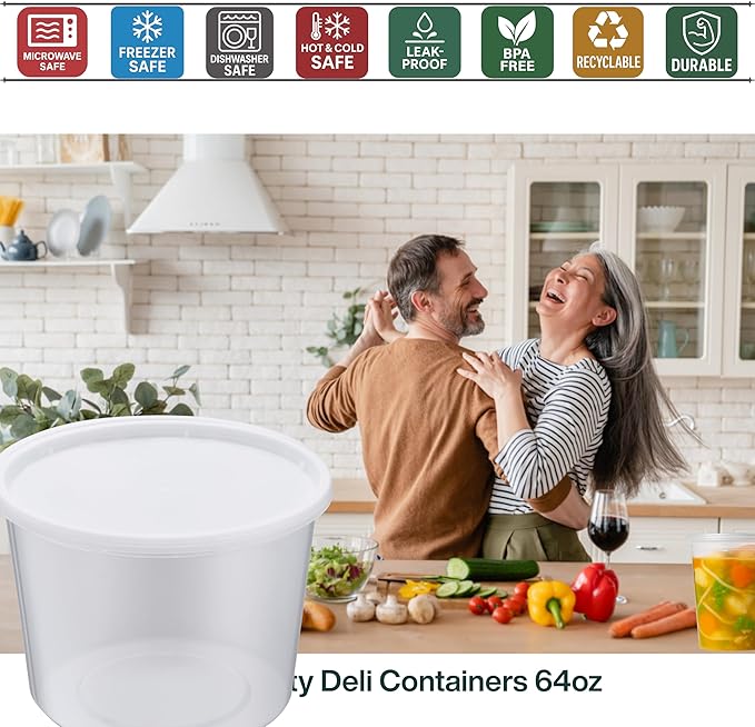 64oz [120 set] Heavy Duty Plastic Deli Container | BPA-Free Food Storage with Airtight Leak‑Proof Lids | Microwave, Freezer & Dishwasher Safe – Stackable, Bulk Reusable Soup & Meal Prep Tub - Image 6
