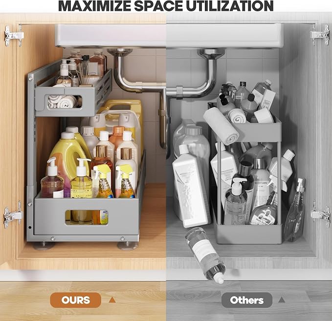 2 Pack 21IN-Depth Under Sink Organizer,Pull Out Cabinet Organizer With Smooth Cylindrical Rail,Metal Slide Out Drawer for Kitchen Bathroom Laundry,8-Level Tool Free Height Adjustable-Gun Gray - Image 6