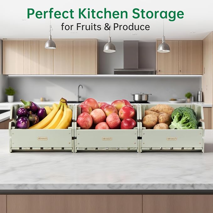 Wood Potato Onion Storage Bins - Wooden Stackable Produce Basket - Fruit Vegetable Storage for Kitchen Pantry Organization, Set 3 Pieces - Image 2