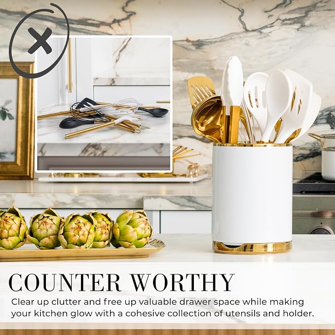 STYLED SETTINGS White and Gold Cooking Utensils Set, 13-Piece | Kitchen Set with White Ceramic Utensil Holder and Stackable Gold Spoon Rest - Luxury Kitchen Accessories for Stylish Cooking - Image 8