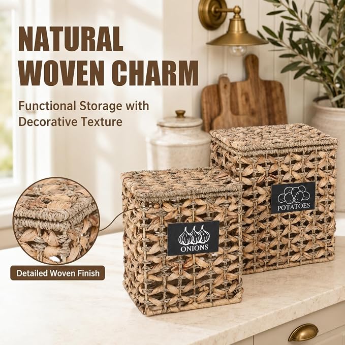 2 Pack Potato and Onion Storage Bin, Stackable Woven Basket with Lid, Vegetable Fruit Basket for Kitchen Counter, Produce Holder with Aerating Holes, Pantry Organizers and Storage, Metal - Image 3