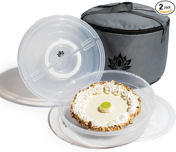 2 Pack Pie Carrier with Lid & Insulated Food Carrying Case Bag - 12" Food Storage Containers for Pies, Cheesecake, Flan, Pizza, Tortilla & More by LotusFineGoods