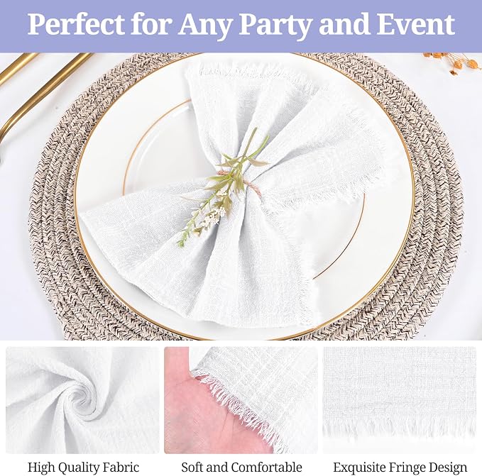 36 Pack White Cloth Napkins, 12 x 12 Inch Cotton with Fringe Settings | Handmade washable reusable cotton dinner napkins in bulk for weddings, parties, rustic boho table settings - Image 5