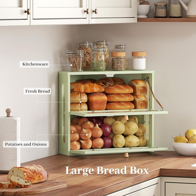 Corner Bread Box for Kitchen Countertop, 2026 New Double Layer Bamboo Bread Storage Bin, Large Bread Container for homemade bread (Green) - Image 3