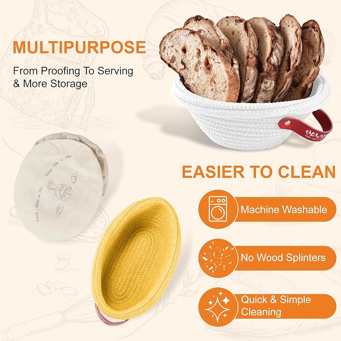 Banneton Bread Proofing Basket Set Made with Cotton Rope,Sourdough Starter Kit with Liners&Covers,bread basket for Artisan Baking, Round&Ova Sourdough Bread Baking Supplies Gift Set - Image 3