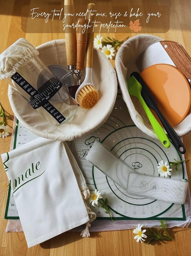 Sourdough Starter Kit - Banneton Bread Proofing Basket Set with Liners, Sourdough Bread Baking Supplies & Bread Making Tools - Includes two Banneton Basket, Tools with Sling & Kneading Pad - Image 2