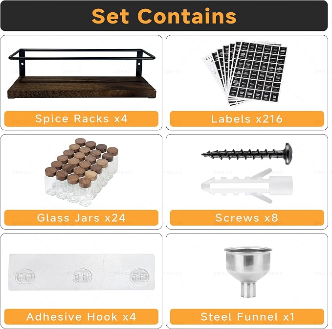 4-Tier Wall Mount Spice Rack Organizer with 24 Glass Jars, 216 Labels & Funnel - Screw/Adhesive Mount, Black Metal & Wood Spice Storage for Kitchen Pantry Cabinet, 11.6”L x 2.4”W x 3.2”H - Image 2