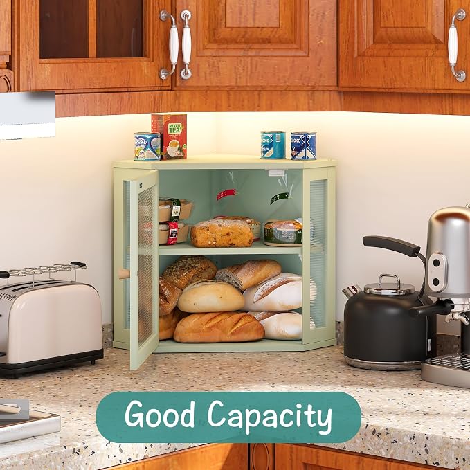 Corner Bread Box for Kitchen Countertop, Bamboo Wood Green Bread Box, Large Capacity Bread Storage Bin with Acrylic Wavy Door Panel - Image 3