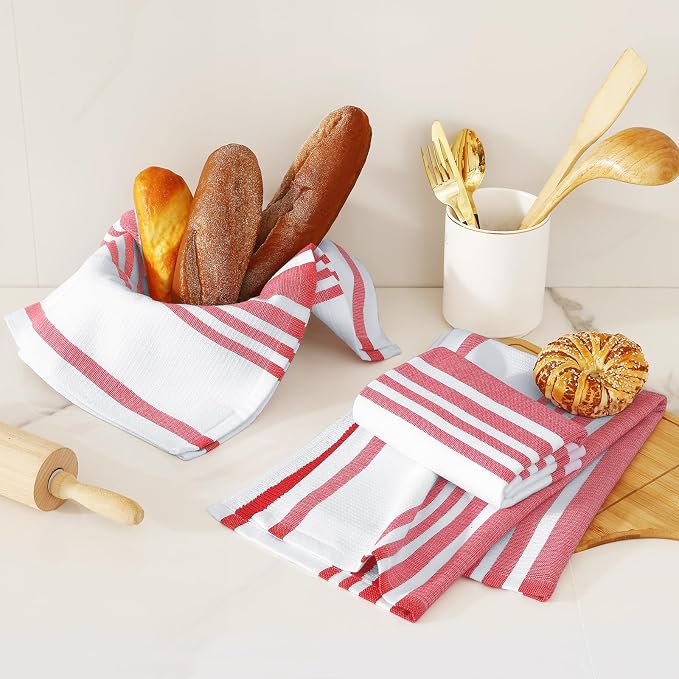 Homaxy Premium Cotton Stripe Kitchen Towels 3 Pack, 18"x 28", Red | Large 380 GSM Kitchen Hand Towels, Soft Terry Dish Towels, Highly Absorbent Tea Towel Set with Hanging Loop - Image 6