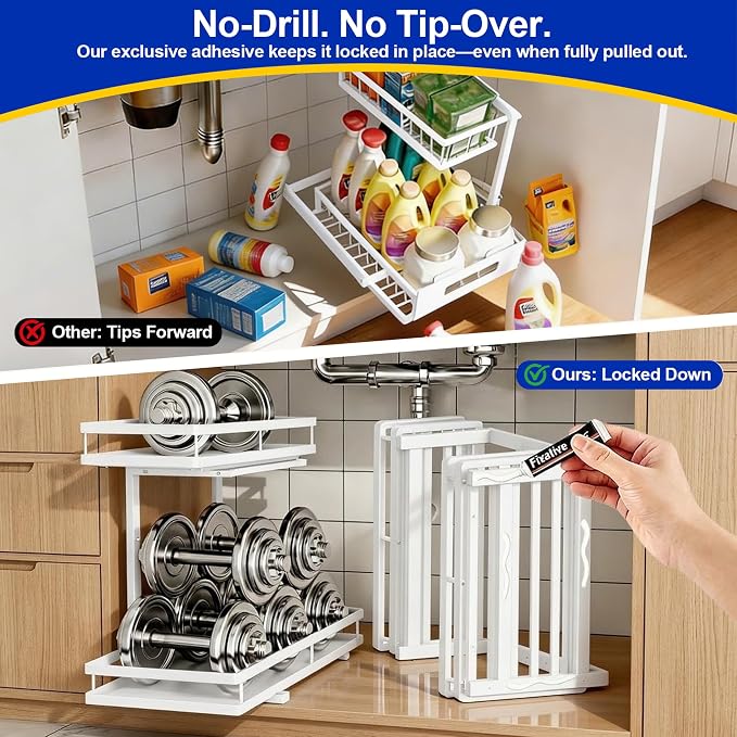 2-Tier Metal Pull-Out Under Sink Organizer, White, 2 Pack | Carbon steel 2-tier set, ball-bearing slides, adjustable height, no-drill setup, for kitchen and bathroom cabinets - Image 5