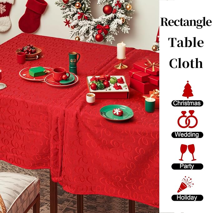 Table Cloth for Celebration Rectangle Table, 60"x120" (10-12 Seat) - Cotton-Polyester | Wrinkle Free | Washable | Reusable, Red Holiday Tablecloth for Wedding, Dining & Party, Bow Ties Jacquard (1PC) - Image 5