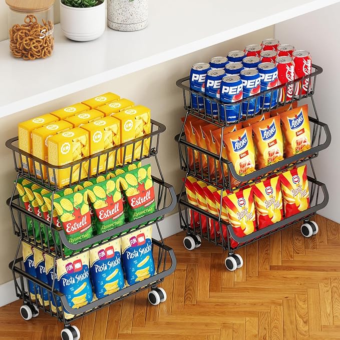 3-Tier Rolling Pantry Cart with Wheels, Stackable Wire Storage Floor Organizer for Kitchen Pantry Snack Shelves, Fruit Basket Stand, Vegetable Storage Rack for Food Snacks Onion Potato, Black, 2 Pack by MiyawellOfficial