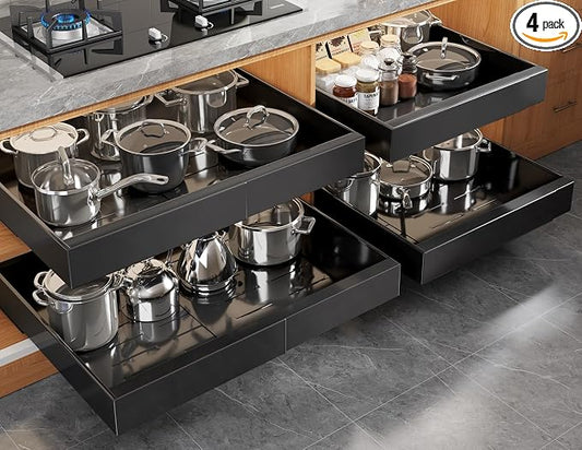 Seinloes 4 Pack Expandable Pull Out Cabinet Organizer 21"Deep With Raising Pad for Framed Cabinets,Upgrade 3 Slide Rails Slide Out Drawers,No Drill Roll Out Shelves,Adjustable Width 15.1"-26.3" Black by Seinloes