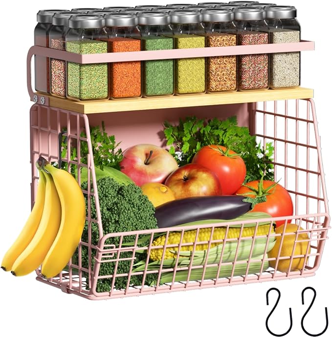 Magnetic Shelf for Fridge with Wood Lid, Fruit Potato and Onion Storage Bins, Pantry Organizers & Storage, Large Container Magnetic Spice Rack for Refrigerator, Kitchen Counter, Cabinet (Pink, 1) by Ofiray-home