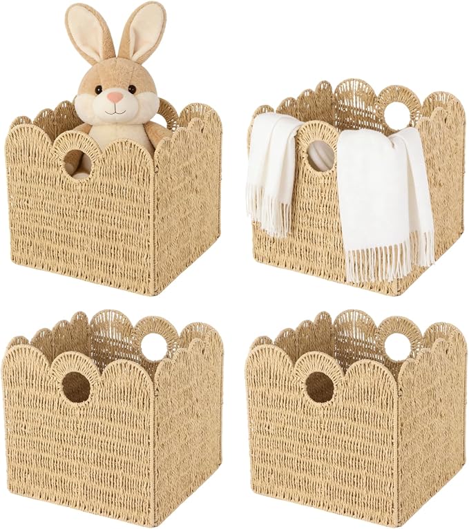 4 Pcs 12x12 Scalloped Wicker Storage Cubes - Woven Paper Rope Storage Baskets, Foldable Square Bins with Handles, Collapsible Containers for Shelves, Closets, 11.8×11.8×11.8" - Image 2