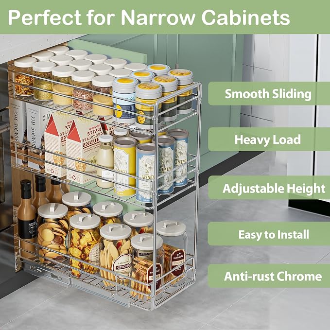Pull Out Spice Rack Cabinet Organizer 8½" W x 20½" D, 3 Tier Heavy Duty Sliding Spice Cabinet Organization for Narrow Cabinet, Pull Out Shelves for Kitchen - Image 2