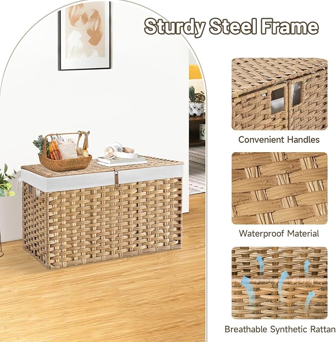 180L Wicker Storage Basket with Lid, Handwoven Rattan Large Shelf Basket with Removable Liner, 47.6 Gallon Wicker Basket for Blanket, Storage Trunk with Handle for Closet, Bedroom, Livingroom, Natural - Image 6