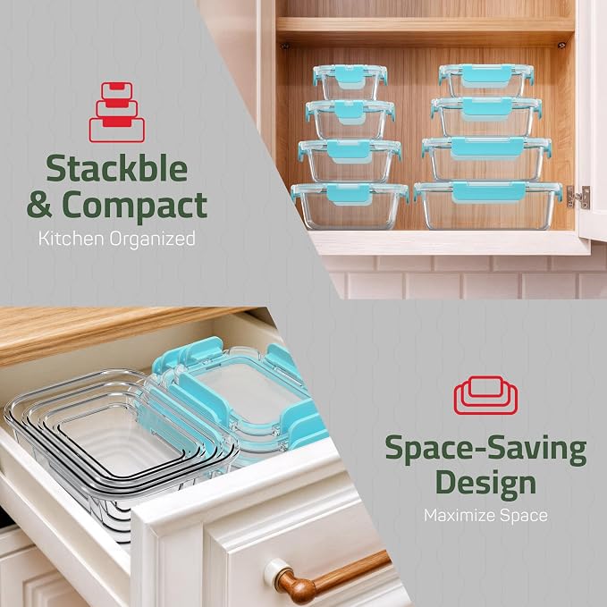 Emporio Kitchen Borosilicate Glass Food Storage Containers with Lids 24 Pieces, BPA-Free Stackable Lunch & Leftover Containers, Microwave, Freezer & Dishwasher Safe, 100% Airtight Leak-Proof, Aqua - Image 9