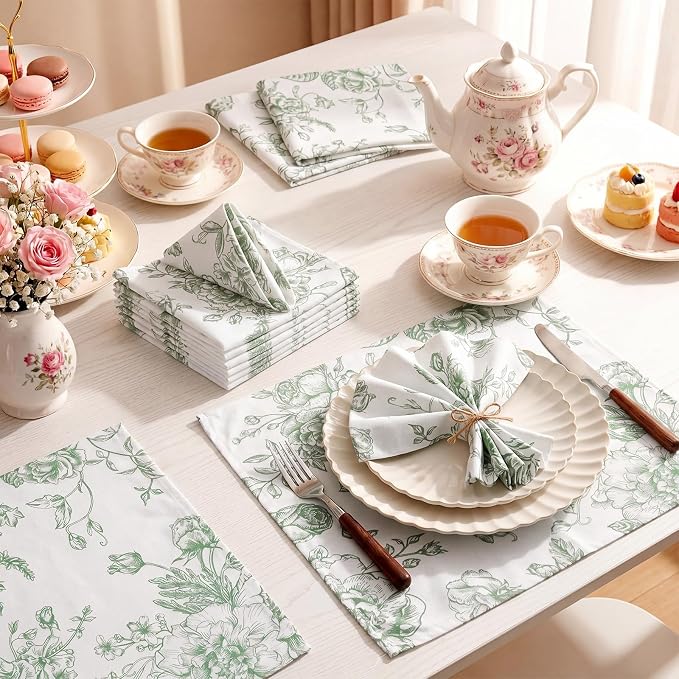 24 Pcs Floral Cloth Napkins 6 Patterns Washable Dinner Tea Party Napkins Reusable Plant Flowers Square Napkin Cotton Towel Decorative for Summer Wildflower Party(Green Floral) - Image 2