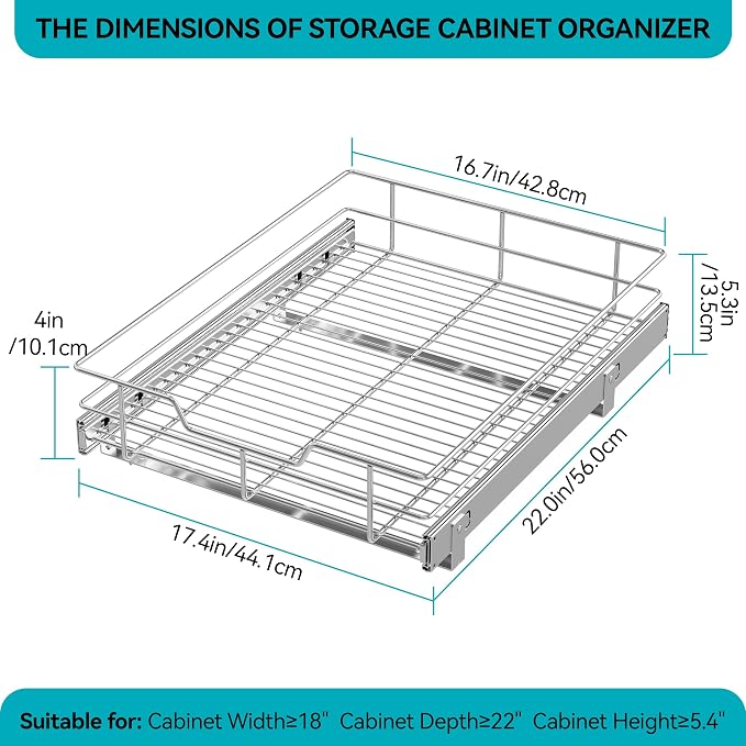 Pull Out Cabinet Organizer 18" W X 22" D, Chromed, Full Slide Out Drawers | For Kitchen Organizers and Storage, Pull Out Drawers For Cabinets Capacity Heavy Duty Caddy, Cabinet Shelves, Bathroom Pantry - Image 2