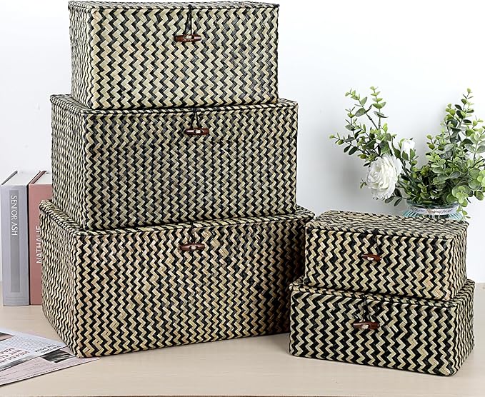 Hipiwe Wicker Shelf Baskets Bin with Lid, Handwoven Seagrass Basket Storage Bins Rectangular Household Basket Boxes for Shelf Wardrobe Home Organizer, Black,X-Large - Image 5