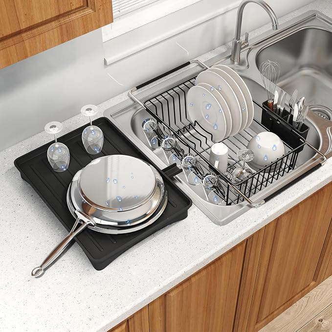 Dish Drying Rack Over The Sink with Utensil Holder, Drainboard | Expandable Stainless Steel Dish Drainer for Small Kitchen, Apartment, RV, Counter Space Saving, Perfect Fit, Rustproof by MAJALiS