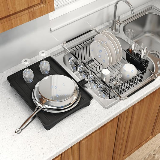 Dish Drying Rack Over The Sink with Utensil Holder, Drainboard | Expandable Stainless Steel Dish Drainer for Small Kitchen, Apartment, RV, Counter Space Saving, Perfect Fit, Rustproof by MAJALiS