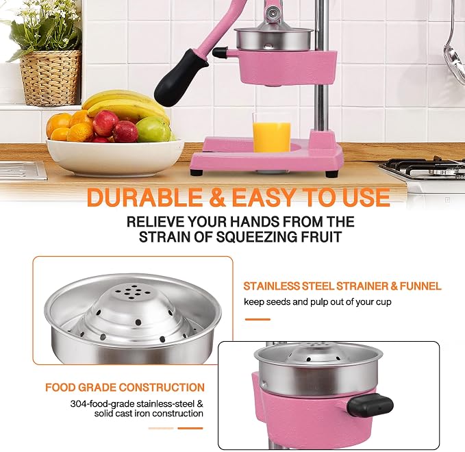 Commercial Heavy Duty Cast Iron Hand Press Manual Orange Citrus Lemon Lime Grapefruit Pomegranate Fruit Juice Squeezer Machine with Stainless Steel Cup Pink - Image 6