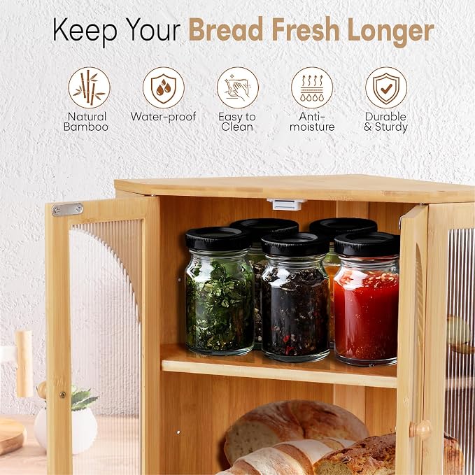 Corner Bread Box for Kitchen Countertop,Double Layer Bread Holder | 3 Adjustable Height, Large Capacity, Magnetic Acrylic Door, Bamboo Bread Storage Container for Homemade Bread, Natural - Image 6