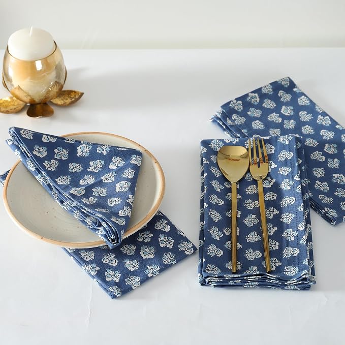 Cotton Cloth Napkins Natural Reusable Fall Dinner Napkins Reusable Machine Washable Fabric for Events, Gift, Home Decor - Indigo Blue (Pack of 4), 18x18 Inches by TARANLIVING