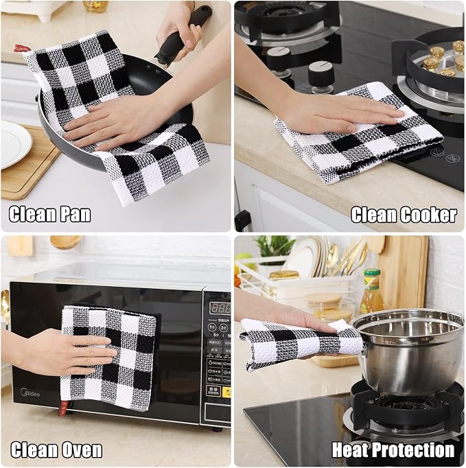 Homaxy Kitchen Towels and Dishcloths Set, Set of 8, Black & White | Bulk Cotton Waffle Weave Check Plaid Kitchen Towels, Super Soft and Absorbent Dish Cloths, 12 x 12 and 13 x 28 Inches - Image 8