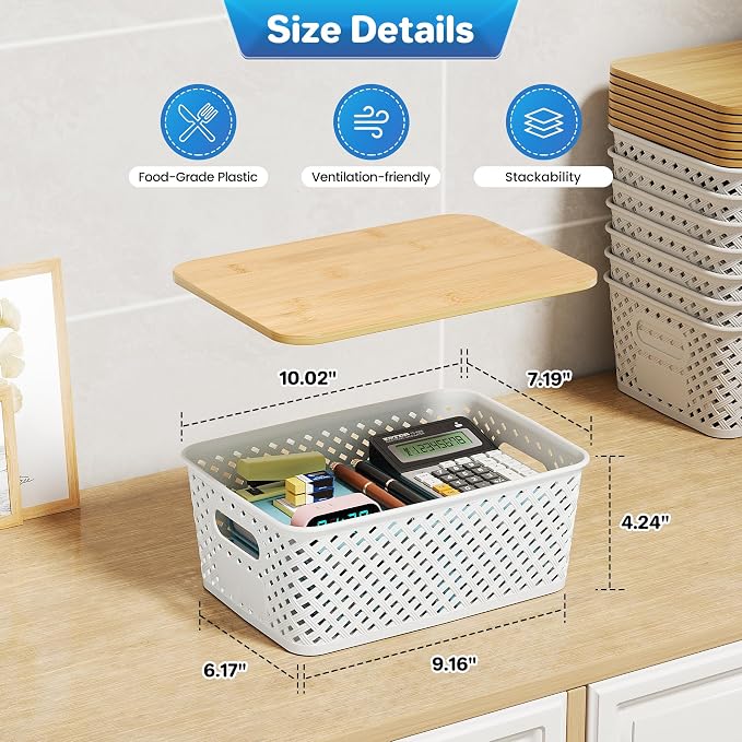 Anysig 8 Pack Plastic Storage Bins with Bamboo Lids, 5.2 QT Stackable Bins | Decorative Small Storage Basket Containers for Organizing Shelves Office Classroom Desktop Closet, Cream White - Image 2