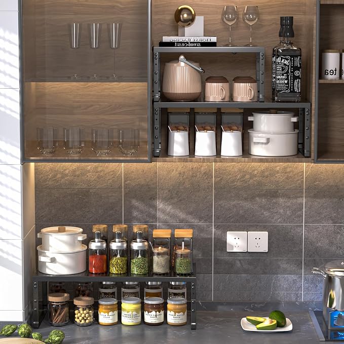 Cabinet Shelf,Expandable Adjustable Stackable Kitchen Organizer,for cabinets, Kitchens, countertops, bathrooms Shelf Organizer(2Packs/Black,Large) - Image 2