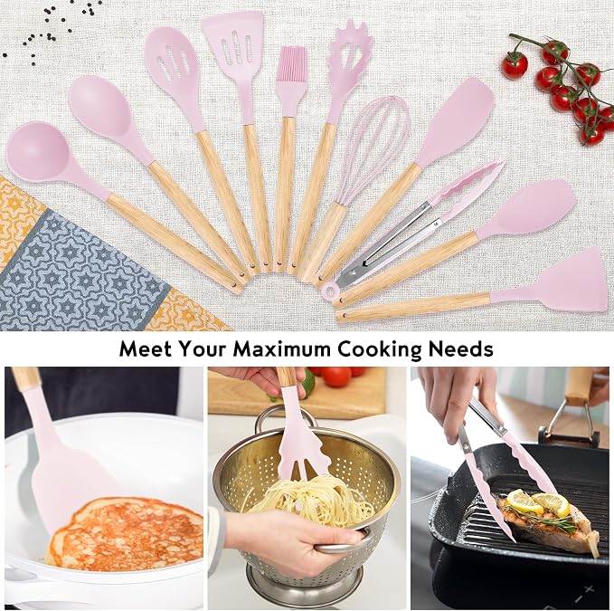 19 PCS Pink Kitchen Cooking Utensils Set Kitchen Tools Set | 6 Stainless Steel Knives, 11 Silicone Utensils with 1 Cutting Board, Ideal for Apartment - Image 3