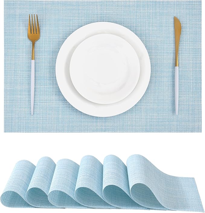 Leetaltree Soft Sky Blue Woven Placemats Set of 6 - Heat Resistant Non-Slip Place mats for Dining Table, Washable Durable PVC Vinyl Woven Table Mats(Sky Blue, 6) by Leetaltree-ArtatEveryTable