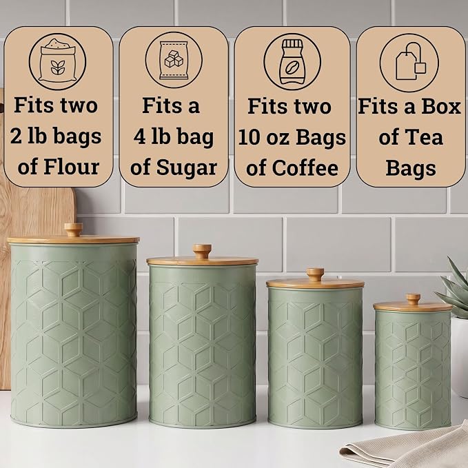 Kitchen Canisters for Countertop Set of 4, Textured Iron w/ Airtight Lids | Airtight Easy Open Bamboo Lids - Dent-Resistant Thick Metal - Sturdy Comfortable Bamboo Handles - Raised Textured Pattern - Image 3