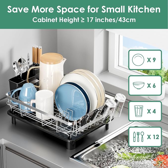 MOUKABAL Stainless Steel Dish Drying Rack for Kitchen Counter, Black Silver | 13×17 Large Capacity/Drainboard with Rotating Spout/Removable Cup & Utensil Holders/Fast Drainage/Countertop Dish Drainer - Image 7