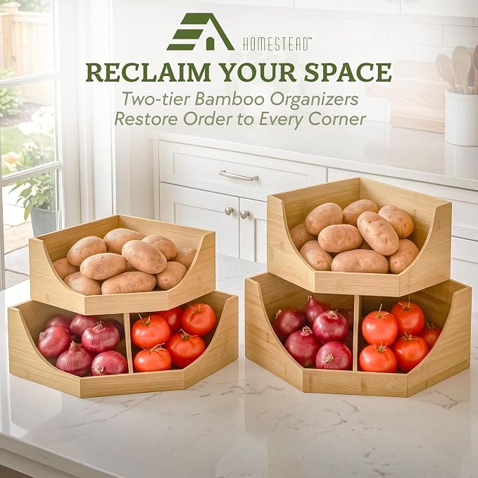 HOMESTEAD Bamboo Corner Storage Bin, 2-Tier Stackable Potato and Onion Storage Bin for Kitchen Counter Corner Shelf, Wooden Produce Storage Pantry Organizer, Fruit & Vegetable Holder, Large - Image 9