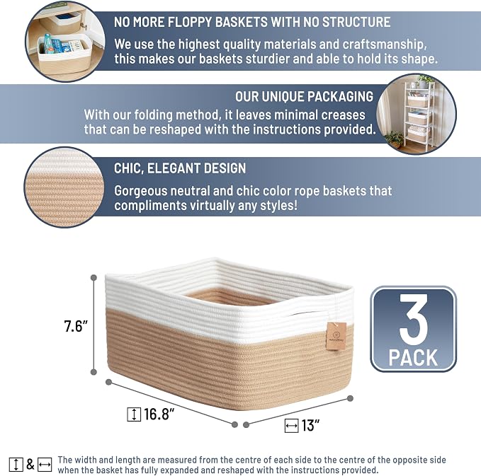 NaturalCozy Storage Baskets 16.8”x13”x7.6” Cotton Rope Woven Baskets for Organizing 3-Pack | Toy Storage Bins | Basket for Shelves, Laundry, Blanket, Clothes, Closet, Kitchen, Bathroom, Gifts - Image 2