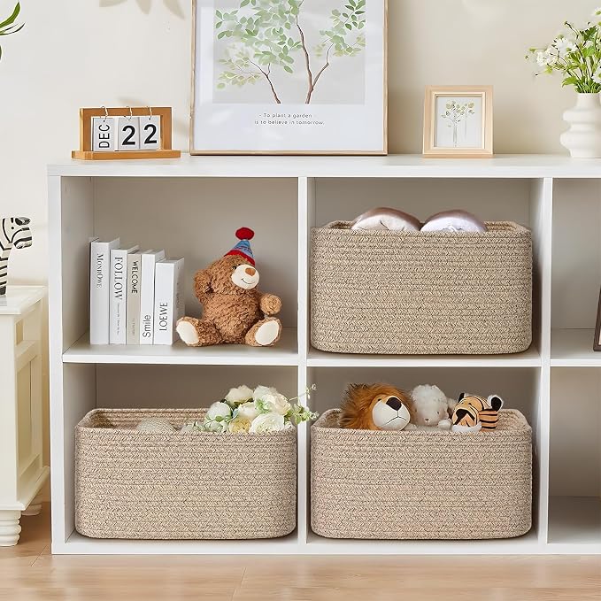 4 Pack Large Storage Basket for Organizing, 17.5"x13"x7" Woven Basket for Shelves, Closet Cube Storage Bins with Wrapped Handle, Cotton Rope Baskets for Kitchen, Clothes, Toys(Natural)) - Image 5