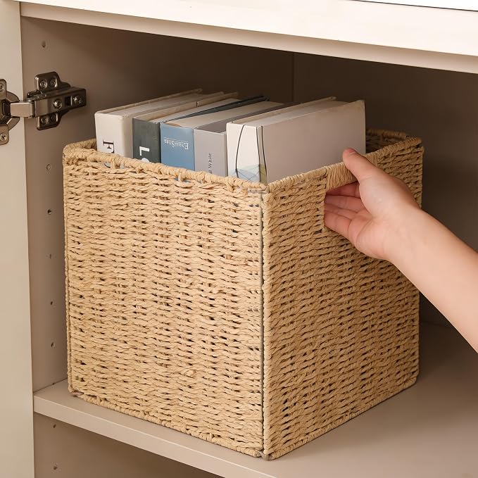 Foldable Storage Baskets with Handles, 11x11x11 Inch, 4 Pack | Paper Rope Square Storage Cubes Bins for Shelves, Living Room, Bedroom, Pantry - Image 7