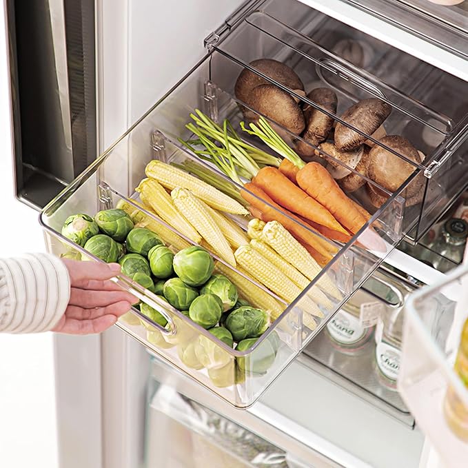 Extra Large Refrigerator Organizer Bins with Pull-out Drawer, Stackable Clear Bins with 3 Dividers, Pantry Organization and Food Storage - Image 6