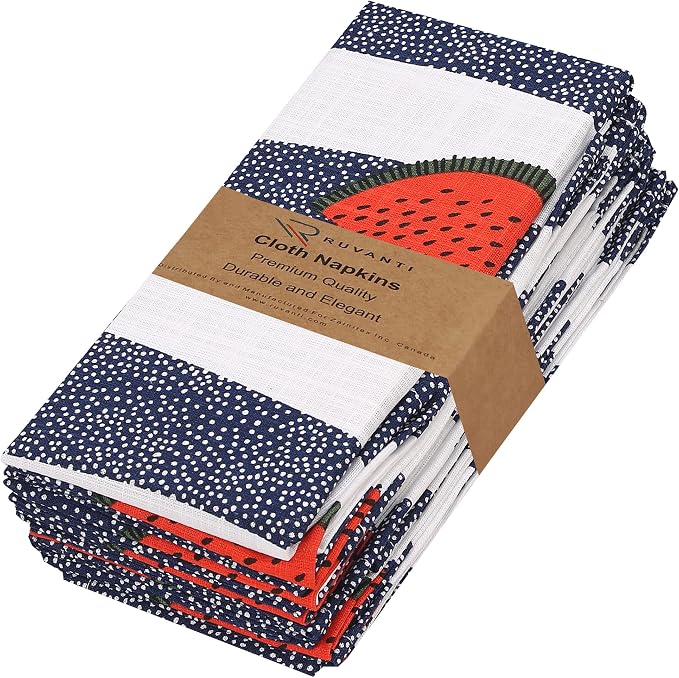 RUVANTI Cloth Napkins Set of 6 Cotton 100%, 18x18 Inches Napkins Cloth Washable, Soft, Absorbent. Cotton Napkins for Parties, Christmas, Thanksgiving, Weddings, Dinner Napkins Cloth - Watermelon by Ruvanti