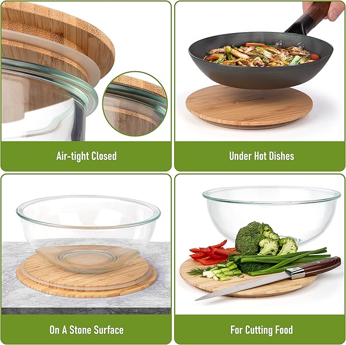 Stackable Space-Saving Set of 5 Nesting Glass Bowls with Bamboo Lids for Foodprep, Storage, Baking, Mixing & Cooking, Microwave & Oven Safe BPA Free Heat Resistant Inert Borosilicate Glass - Image 3