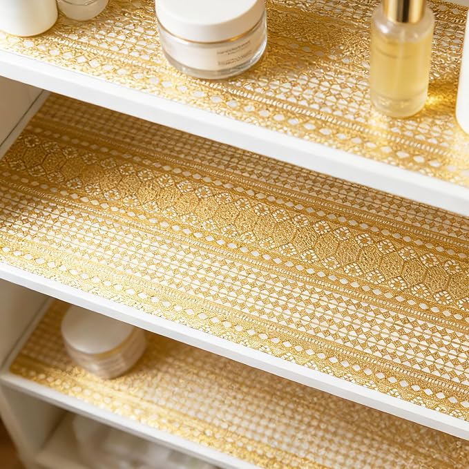 Drawer and Shelf Liner - Gold Geometric Lace Pattern,Non Adhesive | Non Slip Waterproof Easy-Clean Shelf Liner for Kitchen Cabinet, Bathroom, Pantry Storage Drawers, 12 in x 20 Ft - Image 8