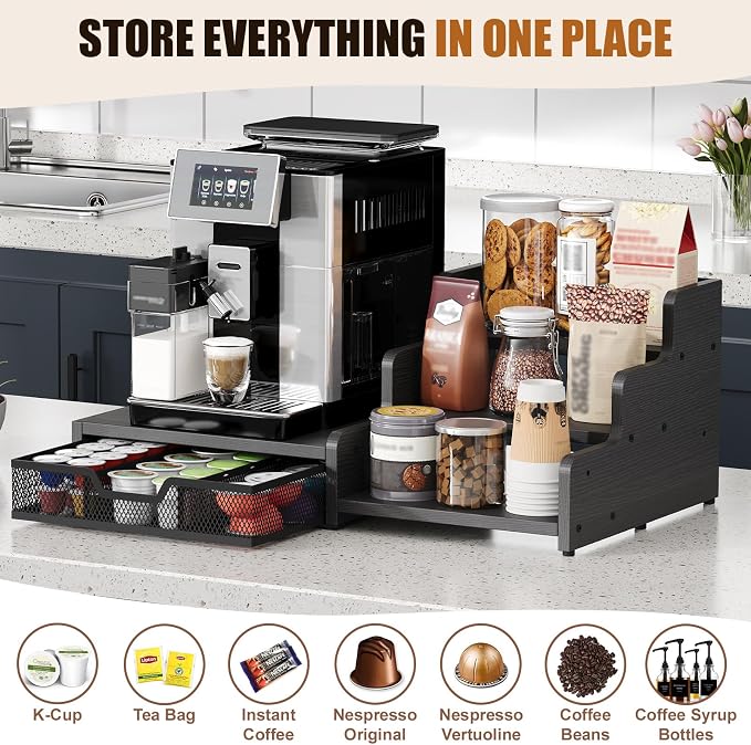 Coffee Station Organizer, 28-Pod K-Cup Holder, Coffee Bar Organizer Black | Coffee Pod Holder Drawer for Countertop,3-Tier Coffee Pod Organizer Stores Pods, Syrups, Cups & Coffee Accessories - Image 4