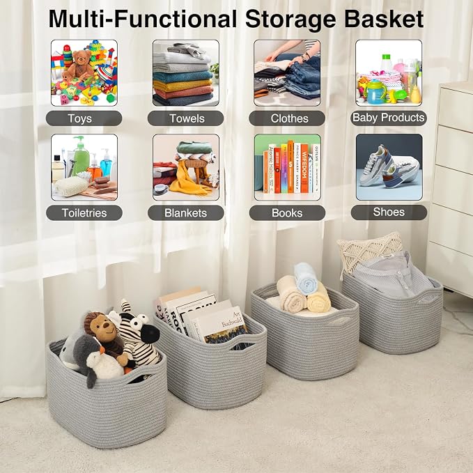 ICERZCZ Storage Baskets for Organizing & Shelves, Woven Cotton Rope Organization Bins for Dog Toys, Clothes, Books, Nursery Organizer, 15"Lx11"Wx9.5"H, (4 Packs) Grey - Image 4